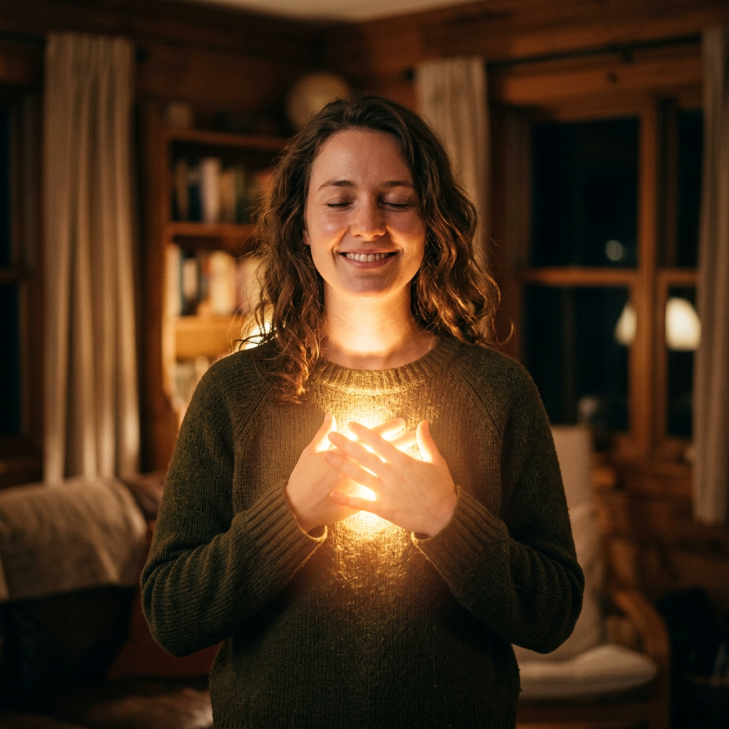 Smiling woman in sweater holding glowing light at chest