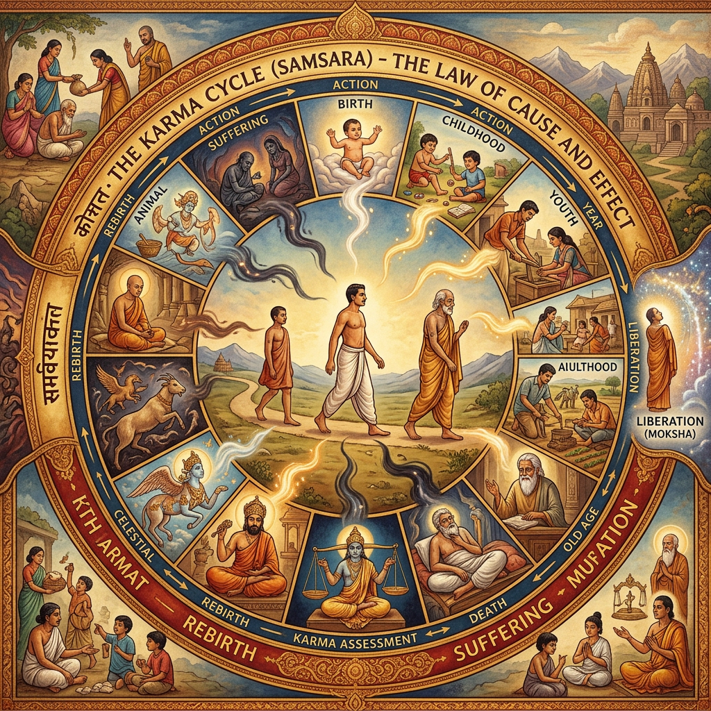 Diagram showing the cycle of birth, childhood, youth, adulthood, old age, death, karma assessment, rebirth, suffering, and liberation.