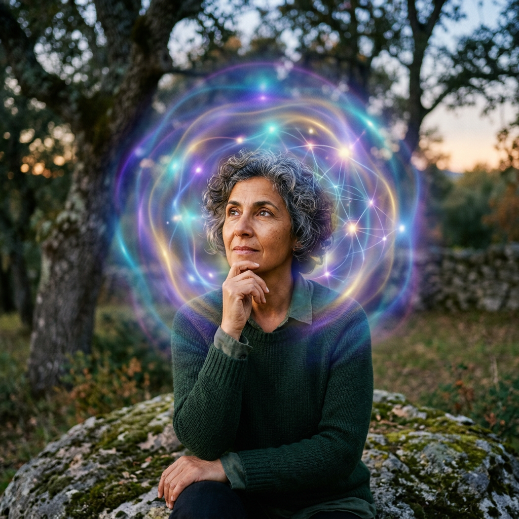 Middle-aged woman sitting outdoors with a colorful glowing aura around her head