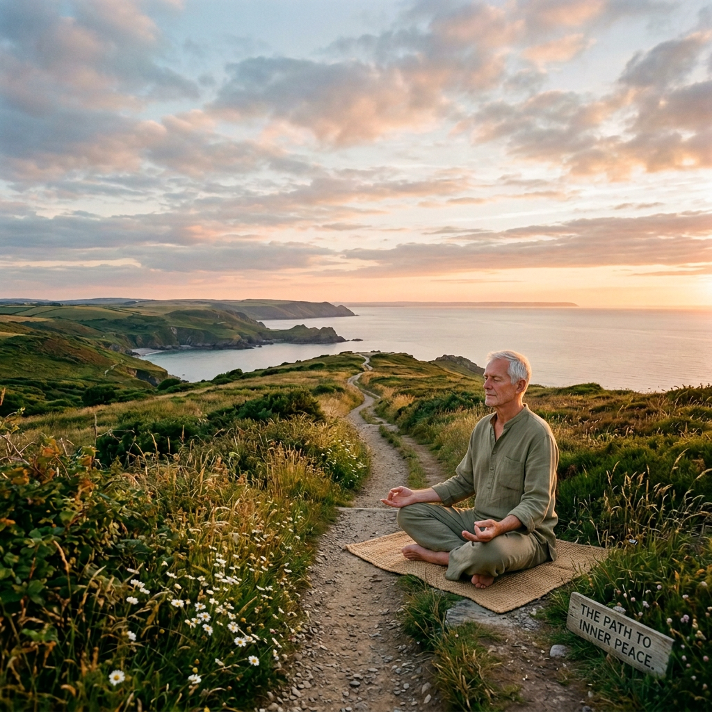 Man sitting cross-legged meditating on coastal path overlooking sea at sunset
