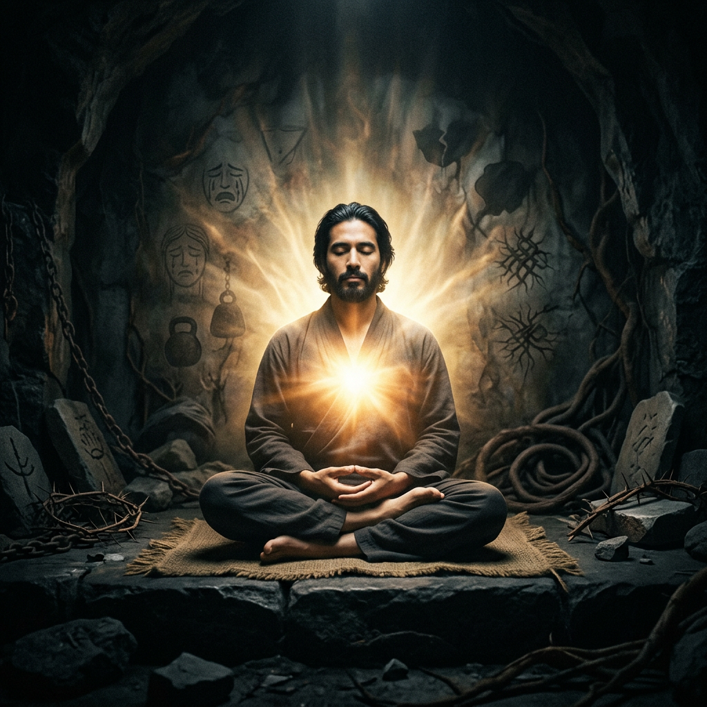 Man sitting cross-legged meditating with glowing light at chest in cave