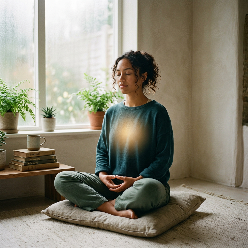 Woman meditating cross-legged on a cushion beside a sunny window